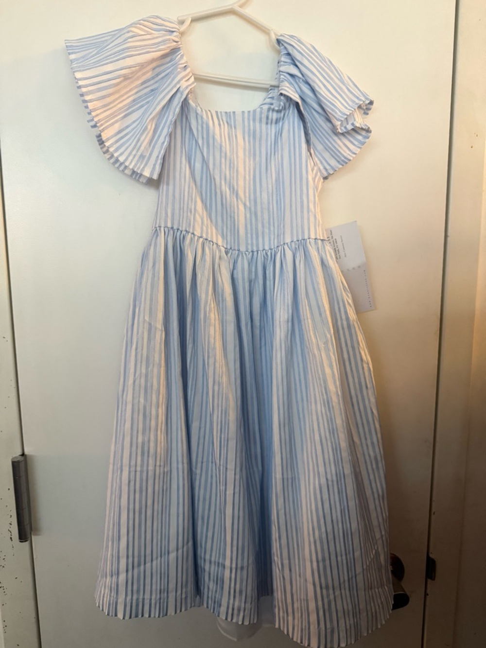 Girls' Light Blue & White textured Satin Striped Angel Sleeve Dress